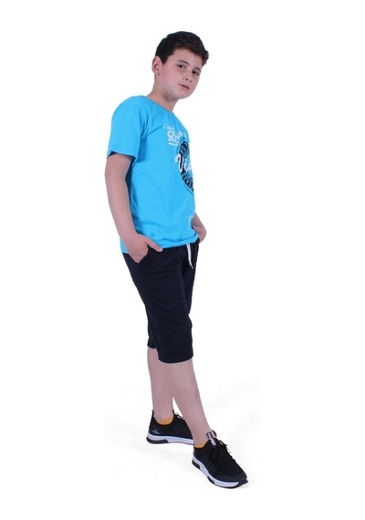 Fyk Kids Vintage Custom Yazı Baskılı Erkek Çocuk Yazlık Takım Turkuaz
