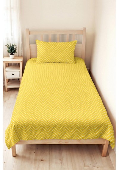 Sarı Geometrik Genç Odası Tek Kişilik Pike Takımı - Modern Zigzag 160x220 Cm Kapitone Yatak Örtüsü Günbatımı Göl Rüyası