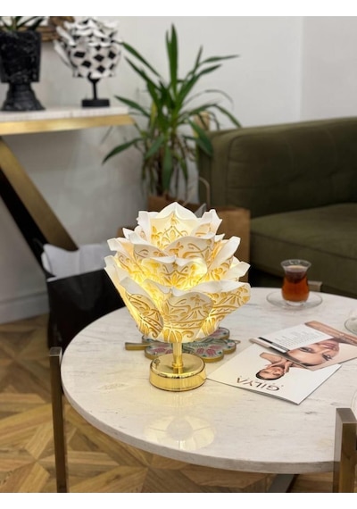 Dekor Yapay Eva Gül Kablosuz Masa Lambası Üst Gold Desen-alt Parlak Gold Detay 9v Pil 75-90 Saat