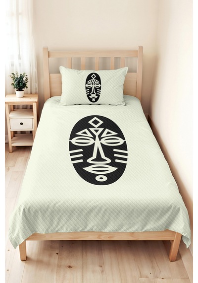 Etnik Minimal Krem Genç Odası Tek Kişilik Pike Takımı - Siyah Geometrik 160x220 Cm Yatak Örtüsü Ilık Yaprak Parıltısı