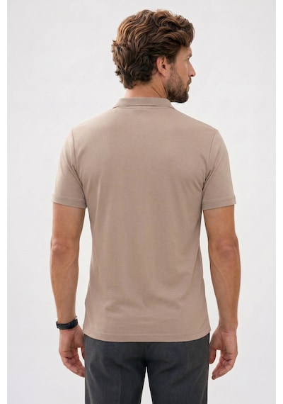 Tudors Erkek Slım Fit Dar Kesim Ekstra Soft Modal Kumaş Kısa Kollu Yarım Fermuarlı Bej Polo Yaka Tişört-51038