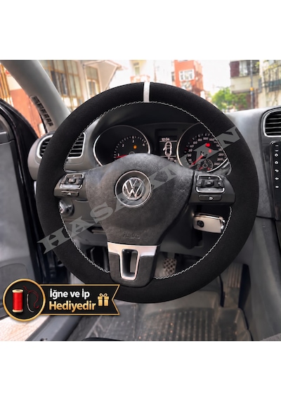 Vw Touran 1 Dikme Direksiyon Kılıfı Full Alcantara Süet Beyaz Yüzük Ve Beyaz Dikiş 2010-2015 Siyah