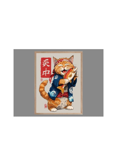 Sevimli Kedi Doğal Ahşap Çerçeveli Tek Parça Dekoratif Tablo Çok Renkli - 819526575 Çok Renkli