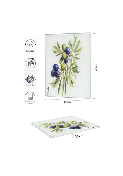 Makri Home Üzüm Desenli Cam, Kesme Tahtası, 25 35 Cm Beyaz