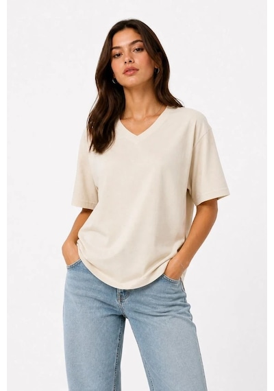Tarzyeri Kadın V Yaka Basic Tişört Kısa Kol Yazlık Regular Fit T-shirt - Bej