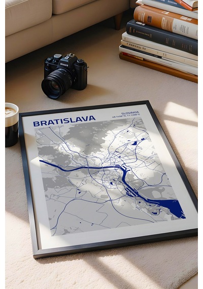 Bratislava Slovakya Haritası Çerçeveli Tablo Lüks Salon Ofis Duvar Dekorasyonu Hediyelik Tablo Siyah