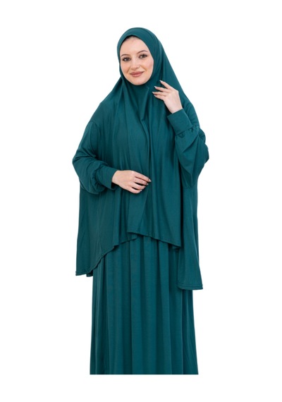 Modish Group İki Parça Namaz Elbisesi Uzun Pamuklu Tesettür Giyim Abaya & Başörtüsü Set Zümrüt