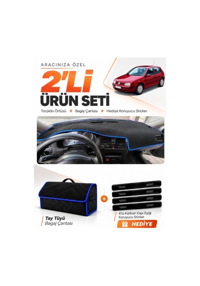 E-biz Volkswagen Golf 4 Mk4 1997-2003 Uyumlu Torpido Örtüsü + Tay Tüyü Çanta - Siyah-mavi - Vw009