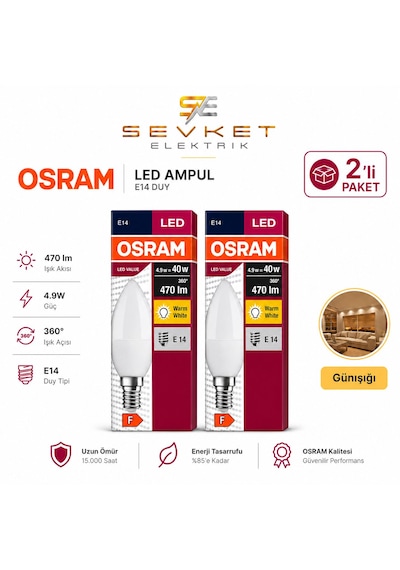 Osram 4.9w 40w 2'li Led Mum Ampul Sarı-2700k E14 2 Adet