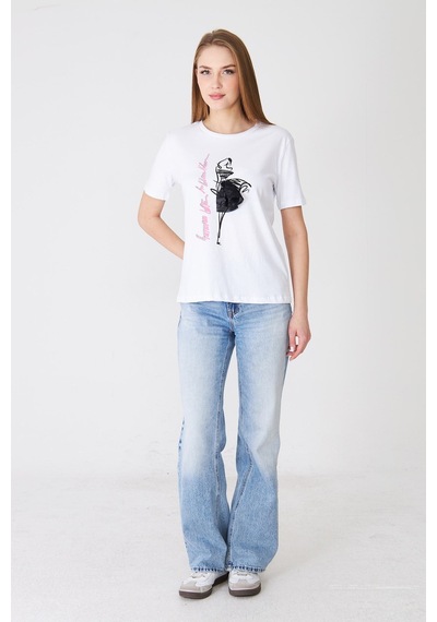 Sortie Collection Eteği Tül Detaylı Silüet Baskılı Basic Tshirt Beyaz
