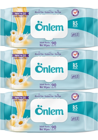 Önlem Islak Havlu Mendil 90 Yaprak Papatya Özü (3 Lü Set) Plastik