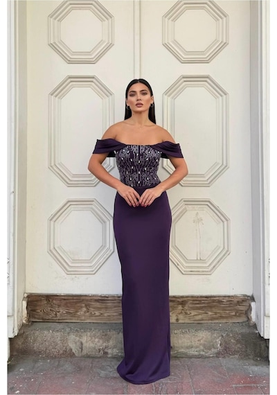 DefyModa Kadın El Emeği Dik Yaka Payetli Maxi Uzun Kollu Abiye Elbise Mor