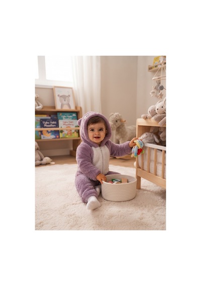 Chicsy Baby Tatlı Kız Bebek Welsoft Tulum Kuş Civciv Nakışlı Kulaklı Kapüşonlu Fermuarlı Peluş Kışlık Bebek Tulumu Mor