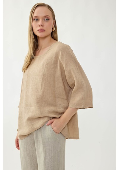 Vitrin %100 Keten Geniş Yaka Oversize Kısa Kol Bluz Bej