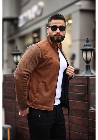 Premium Örme Triko Kol Dik Yaka Süet Ceket Triko Kahverengi
