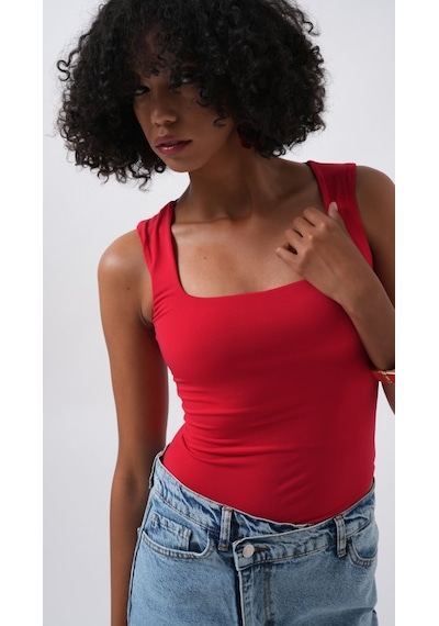 Etiler Collection Kare Yaka Kalın Askılı Bodysuit Kırmızı