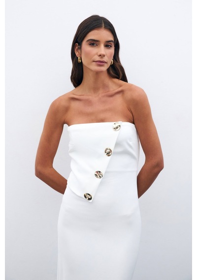 Sateen Düğme Aksesuarlı Straplez Elbise - Ekru-135537 Ekru
