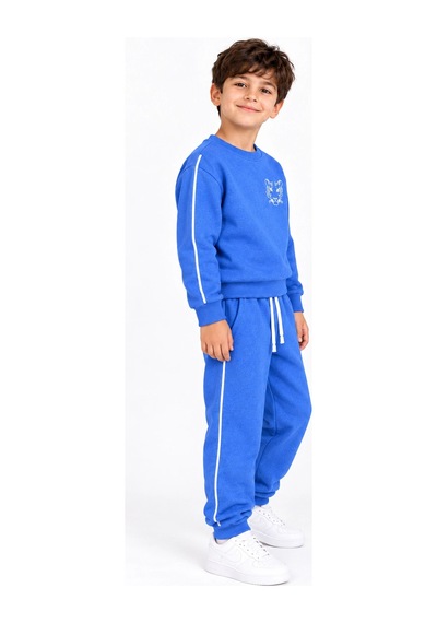 Rony Pony Kids 3 İplik Şardonlu Kaplan Figürlü Beyaz Biyeli Mavi Erkek Çocuk Eşofman Takımı