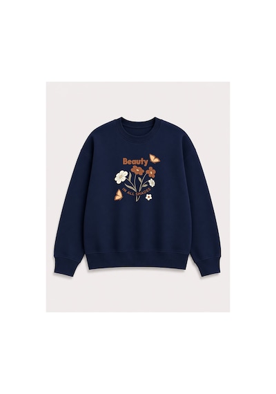 Herkesemoda Beauty Baskı Detaylı Bisiklet Yaka Şardonlu 2 İplik Sweatshirt Lacivert