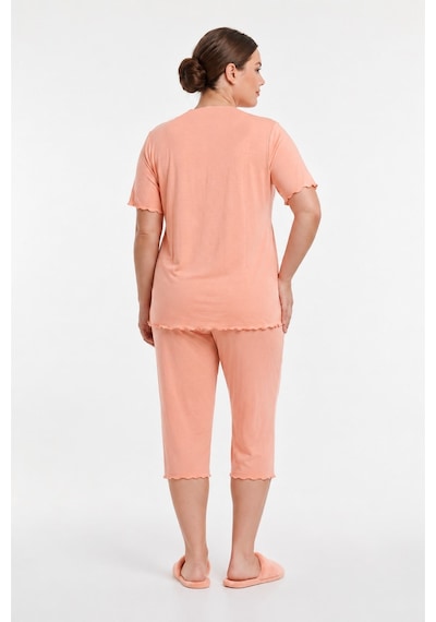 Kompedan Kadın Bambu Önü Düğmeli Yaka Dantelli Büyük Beden Kapri Pijama Takımı Somon 1000-65