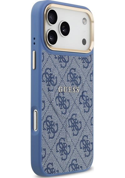 Apple Uyumlu iPhone 17 Pro Max Kılıf Guess M-safe Şarjlı Gold Kamera Çerçeve Pu Deri Yazı Logolu Kahverengi Mavi Mavi