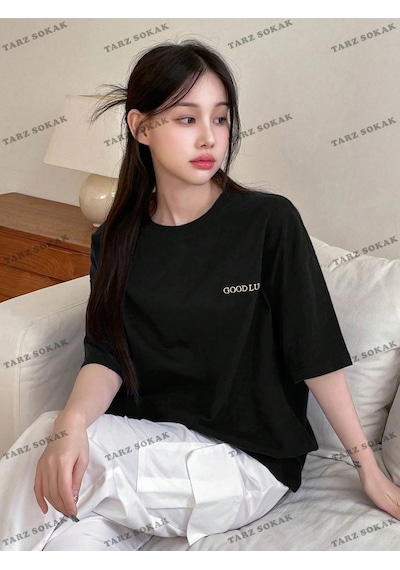 Startmore Good Lucky Baskılı Oversize Kalıp Unisex T-shirt Siyah
