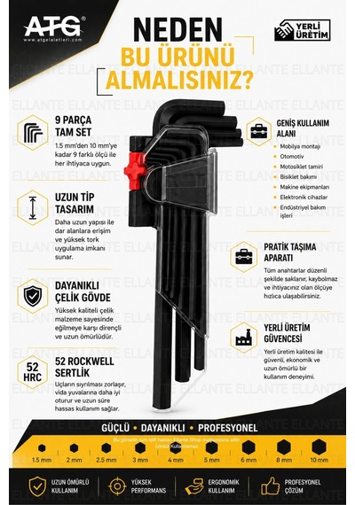 Atg Alyan Anahtar Takımı Uzun Set 9 Parça 1.5-10 Mm Alyan Seti 52 Hrc Çelik Profesyonel El Aleti