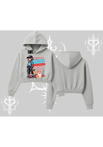 Startmore Kapşonlu Crop Sweatshirt Anime Hiker Girl Balance Is Everything Baskılı Gri