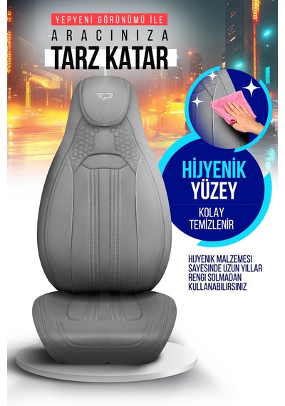 Gri - Gri Panda Hunter Lacoste Kumaş Ortopedik Destekli Oto Koltuk Kılıfı-tam Set
