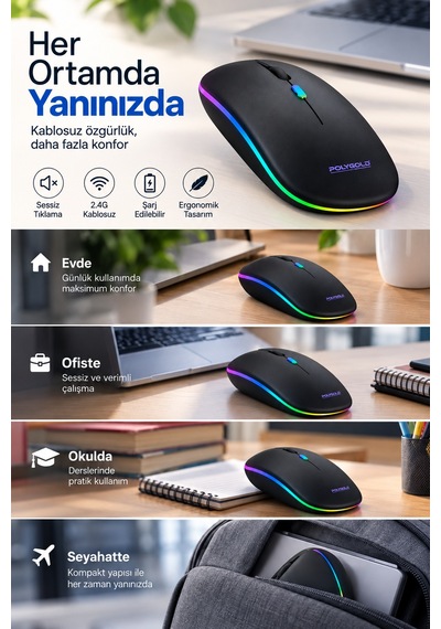 8 10 Metre Menzilli Şarj Edilebilir Kablosuz Mouse Standart