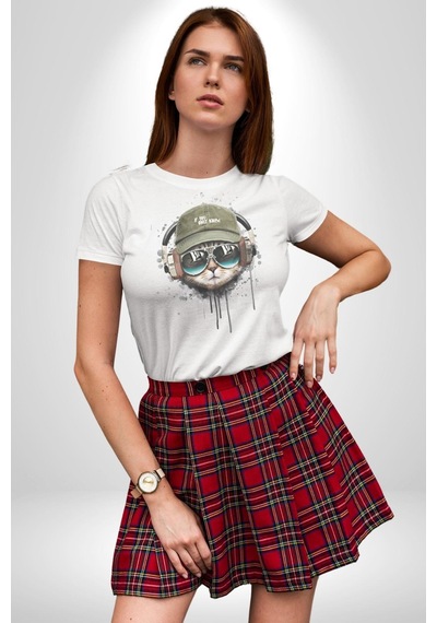 Havalı Pilot Şapkalı Müzik Dinleyen Kedi Unisex Unisex Beyaz Organik Baskılı T-shirt Penye Yüksek Kalite Beyaz