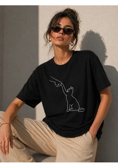 Defymoda Minimal Kedi Çizim Baskılı Tişört Kısa Kol Yazlık T-shirt - Siyah