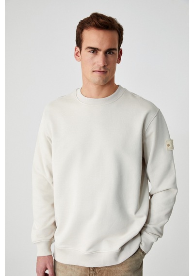 Grimelange OLLIE Erkek Bisiklet Yaka Regular Uzun Kollu Nakış Detaylı Bej Sweatshirt