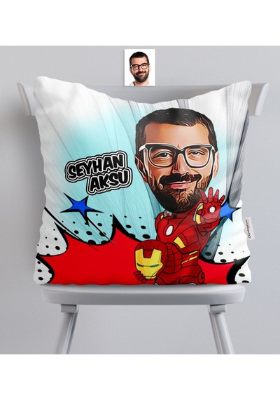 Kişiye Özel Demir Adam Karikatürlü Saten Yastık - 1