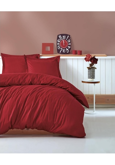 Cotton Box Stripe Saten Çift Kişilik Nevresim Takımı - Bordo (405636434)