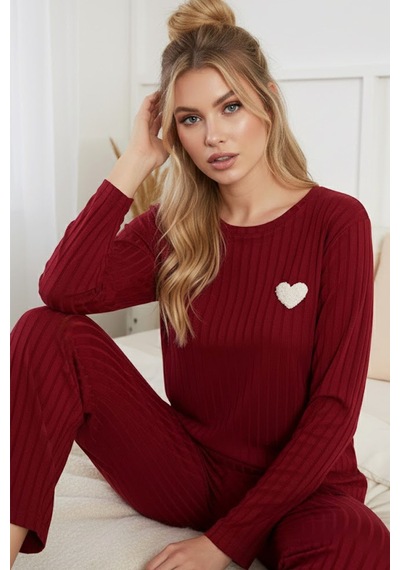 Siyah İnci Fitilli Örme Pijama Takım25226003 Bordo