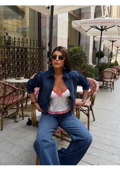 Out Of Standart Kadın Cropped Fermuar Detaylı Denim Ceket Blue