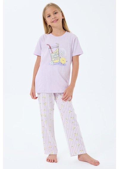Rolypoly 3776 %100 Pamuk Kız Çocuk Kısa Kol Cepli Pijama Takımı Lila