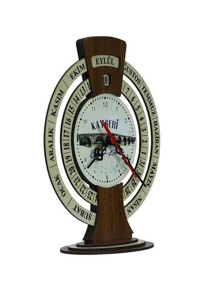 E38 El İşçiliği Kayseri Şahruk Köprüsü Ahşap Takvimli Masa Saati 25x20 Cm- 6010