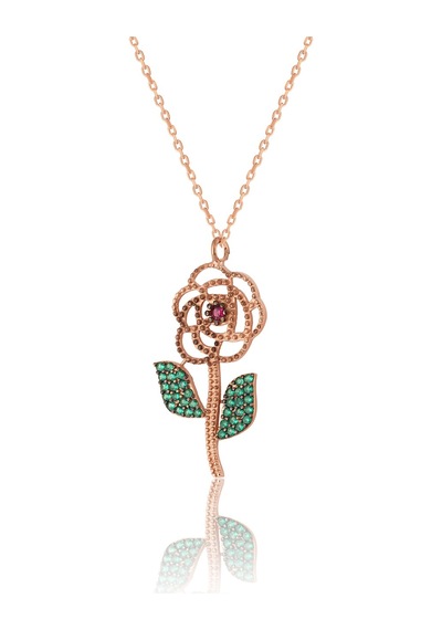 Zanaatsilver 925 ayar Gümüş Renkli taşlı Rose kaplama Gül modeli kolye