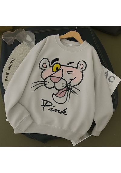 Benroma 3 İplik Penye Pink Baskılı Unisex Sweatshırt Gri