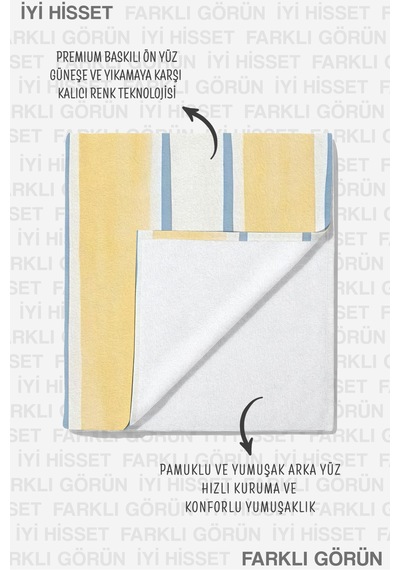 Güneş Figürlü Çizgili Plaj Havlusu - Akdeniz Marine Sarı Mavi Hızlı Kuruyan Mikrofiber Havlu Mat Akasya
