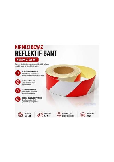 Kırmızı Beyaz Reflektif Bant 50mm X 46 Metre Reflektör Şerit Bant Kendinden Yapışkanlı Bant Marketim