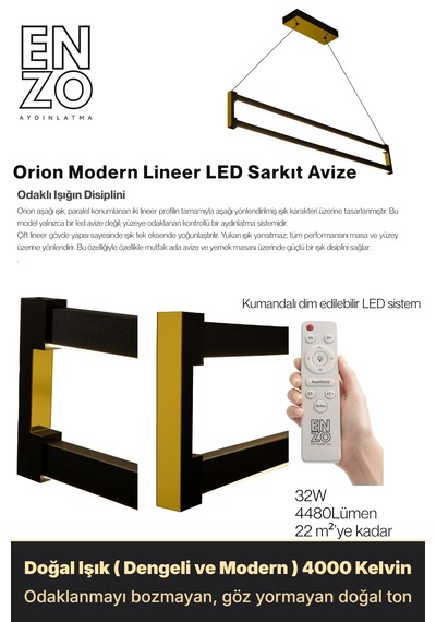 Orion Gold Lineer Led Sarkıt Avize Kumandalı Dim Edilebilir Yukarı & Aşağı Işık Doğal Işık