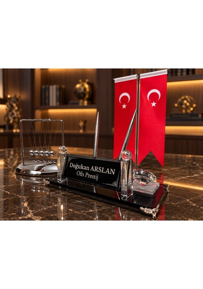 Velora 3 Parça Kristal Ofis Seti Kişiye Özel İsimlik Türk Bayraklı Gümüş Newton Topu Siyah - Gri