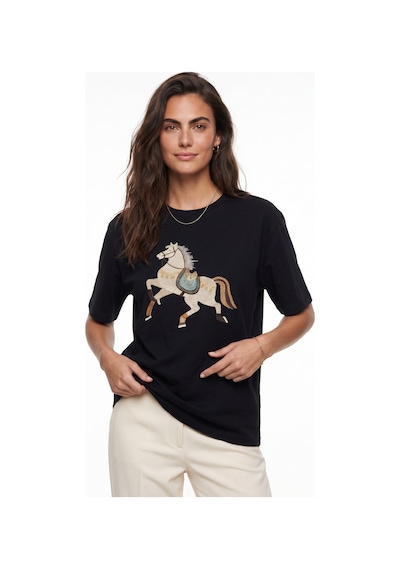 Onloox Kadın Siyah Siyah Pamuklu Bisiklet Yaka Kısa Kollu Oversize At Nakışlı Boncuk Detaylı T-shirt