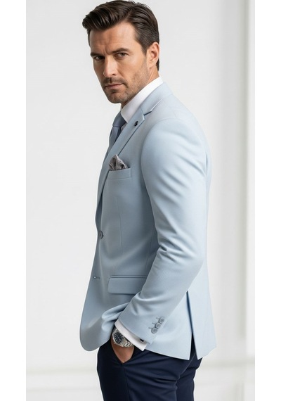 Plus Scorpion Erkek Slim Fit Çift Düğme Çift Yırtmaçlı Blazer Ceket Premium Dokulu Kumaş Bebe Mavisi