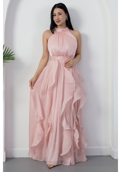 Kalopya Halter Yaka Eteği Fırfırlı Saten Elbise Eli6073 Pembe