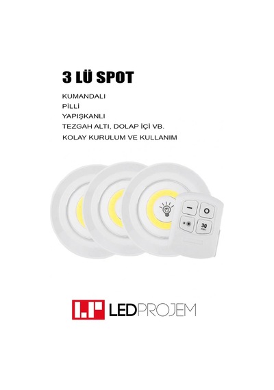 Uzaktan Kumandalı Kablosuz Yapışkan Pilli Led Spot Mutfak Tezgah Spotu Dolap İçi Spot Diğer