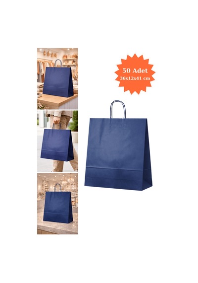 Elit Burgu Saplı Kraft Çanta Mavi Fsc Sertifikalı Kağıt Poşet Butik Hediye Torbası 36x12x41 Cm 50li